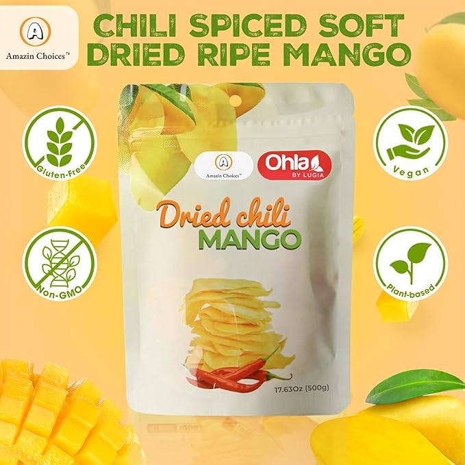 Dried Chili Mango by Amazin Choices Premium Spicy Mango Strips Vegan Non GMO and Gluten Free. Large Pack of Dried Fruit Snacks for Office - Snack Viet - 1 Case - Pack of 20 (352.6 Oz)