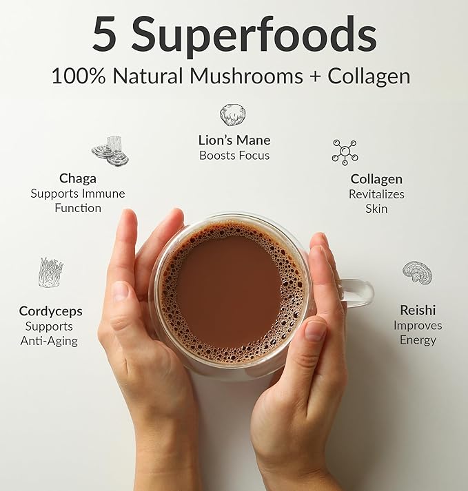 BIOptimizers Mushroom Coffee Alternative – Chocolate Drink – Lion’s Mane Chaga Reishi + Collagen Peptides for Focus Energy &amp Gut Health – Adaptogenic Mushrooms &amp MCT Powder – 30 Servings