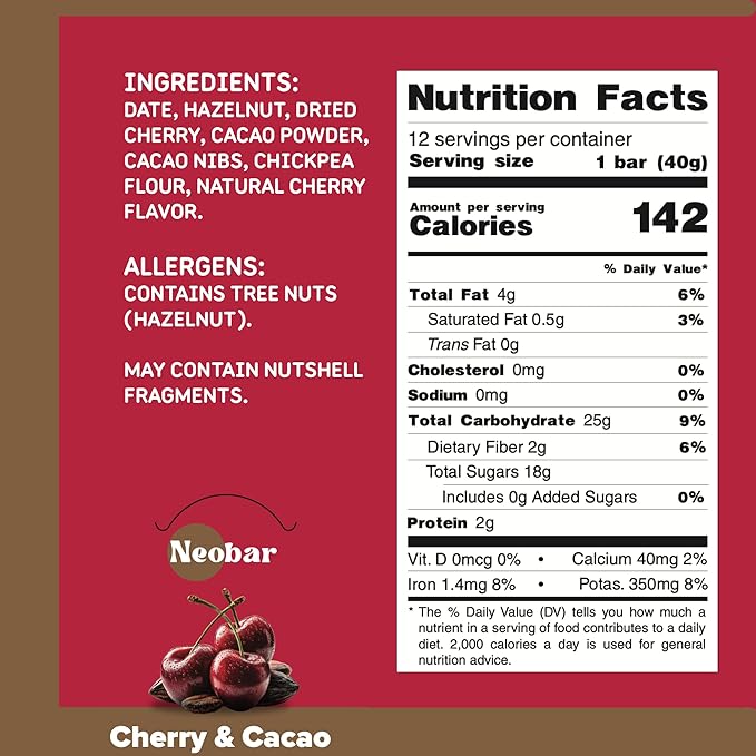 NEOBAR Fruit and Nut Bars - Plant-Based Vegan Snack Bars Gluten Free Dairy Free Snacks No Added Sugar No Preservatives Non-GMO | Cherry &amp Cacao12 Count