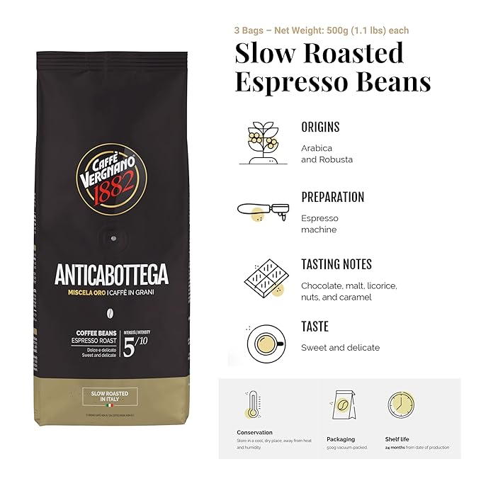 Caffe Vergnano 1882 Antica Bottega Whole Bean Arabica Medium Roast Espresso - Italian Coffee Beans Chocolate Nuts and Caramel Notes Intensity 5/10 3.3 lbs