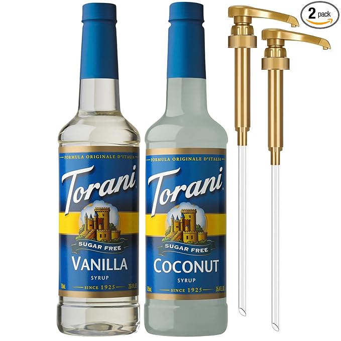 Torani Sugar Free Coconut Syrup and Sugar Free Vanilla Syrup Variety 2-Pack Coffee Syrups for Drinks Pumps Included 25.4 Fl Oz Ea