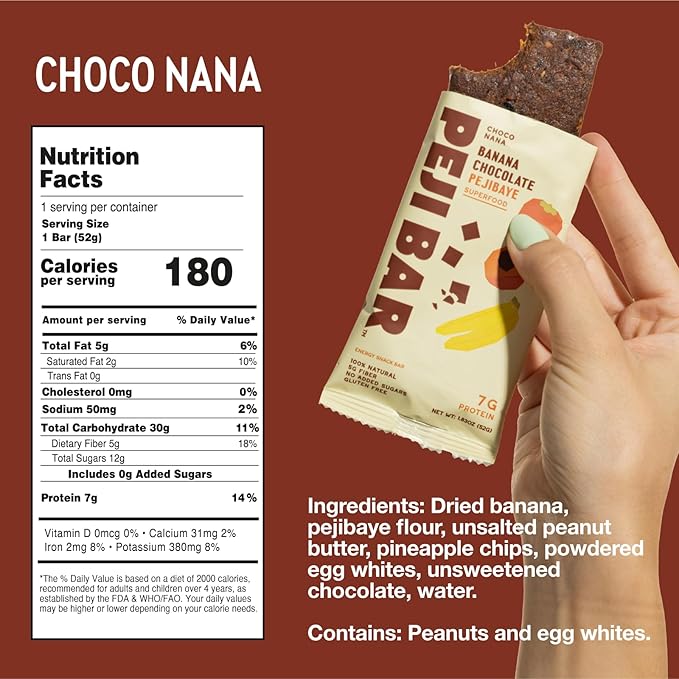 PEJI BAR Superfood Energy Bars | Choco Nana Banana Chocolate Flavor | Gluten Free 7g Protein Fiber Whole Ingredients No Sugar Added | Adventure Ready Snack 12 Count