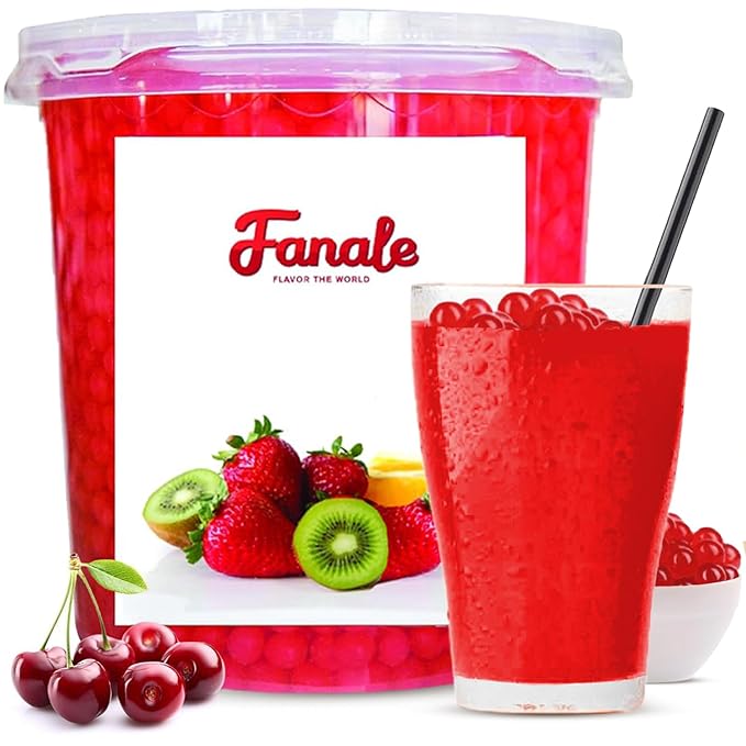 Fanale Cherry Popping Boba Pearls Vegan Non GMO Gluten Free Fat Free Perfect for Bubble Tea Smoothies Ice Cream Desserts and Beverages.