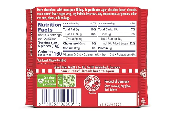 Ritter Sport Marzipan Dark Chocolate 100g - Pack of 6