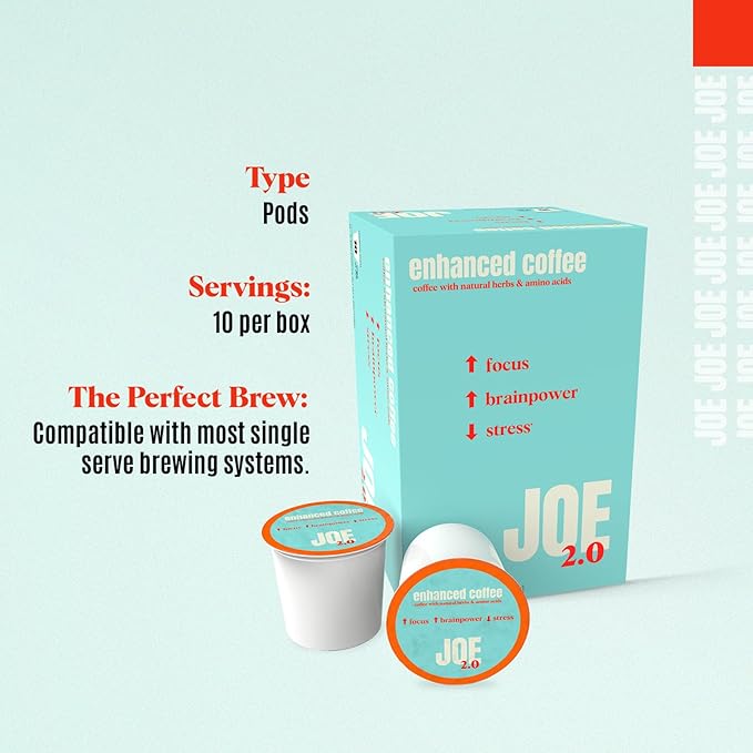 Joe 2.0 Nootropic Coffee Pods – Organic Medium Roast with Lion’s Mane Ashwagandha L-Tyrosine &amp L-Theanine | Focus Brainpower &amp Stress Support | Vegan Keto Eco-Friendly