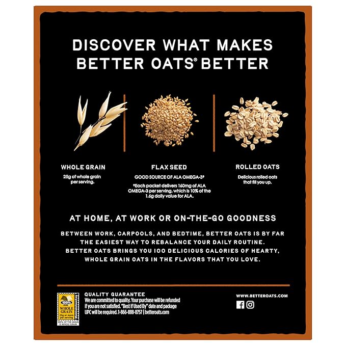 Better Oats 100 Calorie Cinnamon Roll Oatmeal Packets Flax Seeds and Whole Grains Instant Breakfast Cooks in 90 Seconds Box of 10 Pouches (Pack of 6)