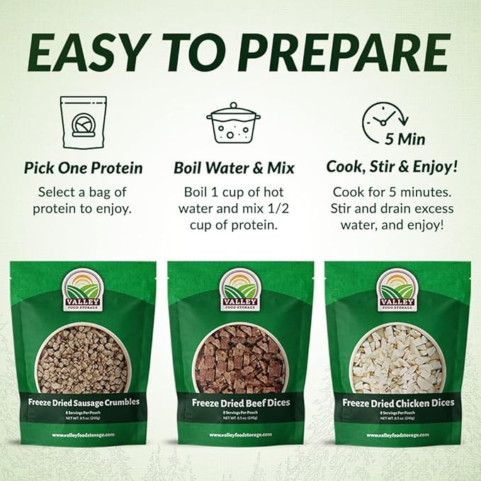 Valley Food Storage 92 Serving Freeze Dried Meat Bucket | Premium Emergency Food Supply with 1352g Protein | Survival Food 25 Year Shelf Life | Backpacking Meals Prepper Supplies &amp Off-Grid Liv