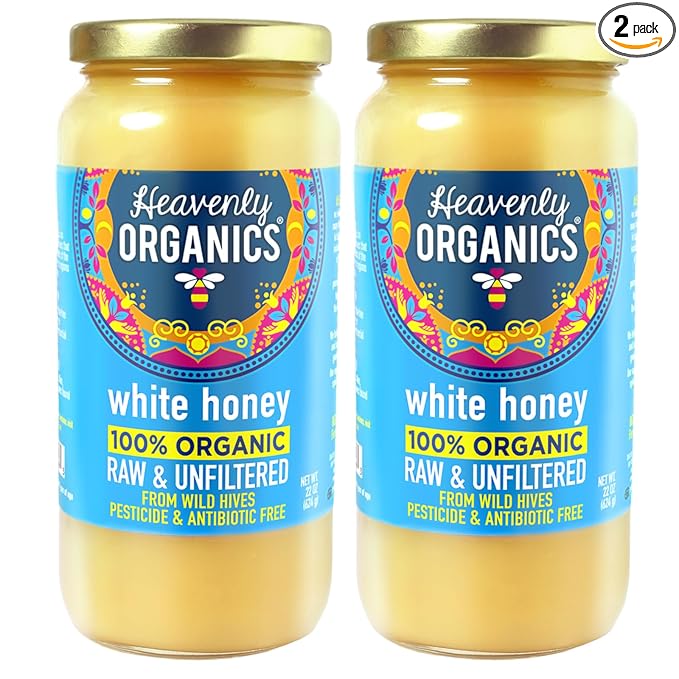 Heavenly Organics 100% Organic Raw White Honey 2 Pack - Size 22 OZ/Jar Lightly Filtered to Preserve Vitamins Minerals and Enzymes Made from Wild Beehives &amp Free Range Bees Dairy Nut Gluten Fr
