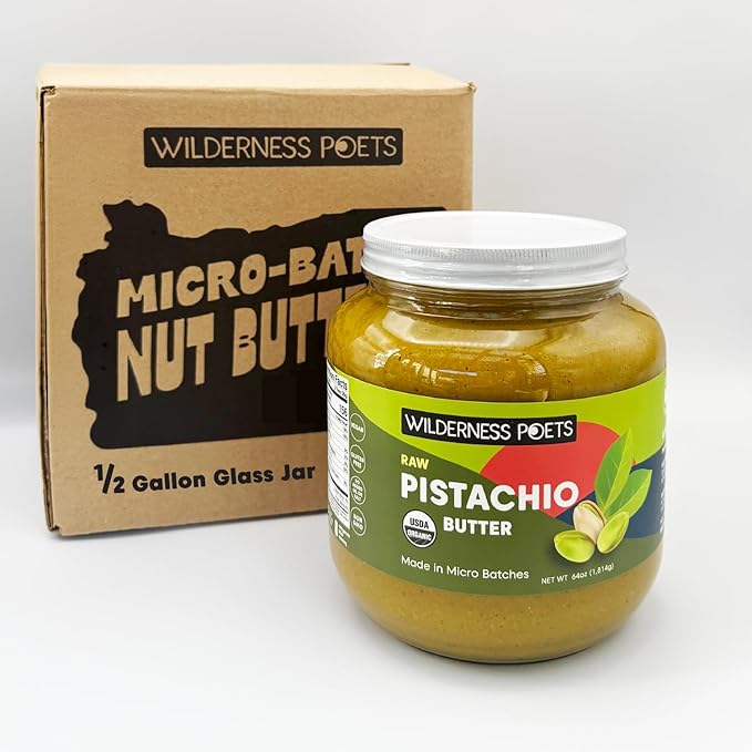 Wilderness Poets Pistachio Butter - Organic Raw 100% Pistachio (64 Ounce - 4 Pound) - Half Gallon Glass Jar - Perfect for Dubai Chocolate Bar Desserts with Kataifi or Savory Creations - Unsweetened