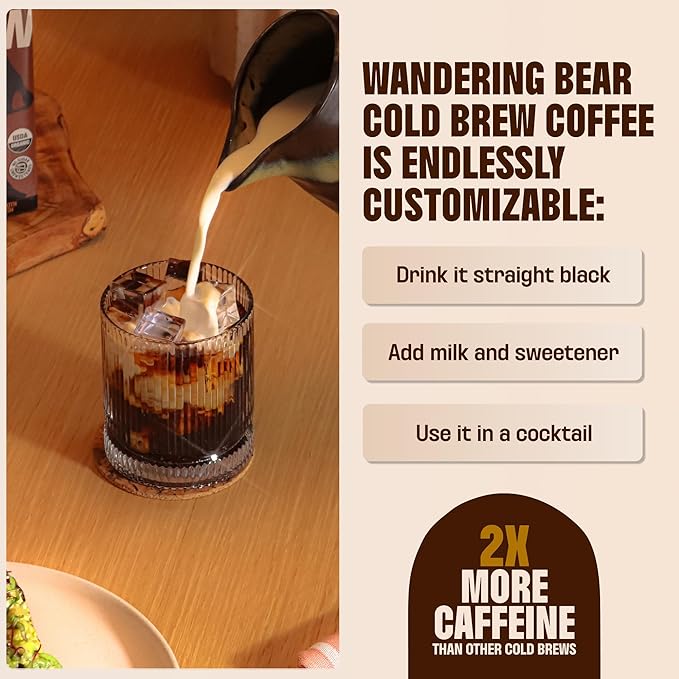 Wandering Bear Organic Vanilla Coffee Cold Brew On Tap Iced Coffee Drink -Extra Strong Smooth No Sugar Added Shelf-Stable Ready to Drink Gluten Free &amp Vegan Decaf -16 Servings of 6fl.oz -96f