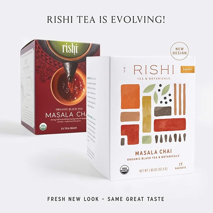 Rishi Tea Masala Chai Herbal Tea - Immune Support USDA Certified Organic Highly Caffeinated Naturally Spiced Black Tea Blend - 15 Sachet Bags 1.85 oz (Pack of 2)