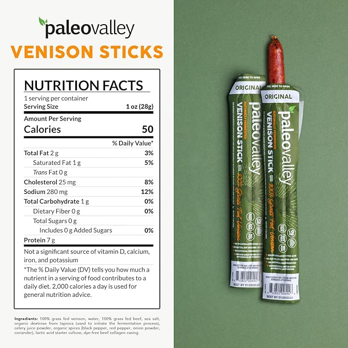 Paleovalley 100% Grass Fed Venison Sticks – 10 Pack – Keto-Friendly High Protein Low-Calorie Snack – Omega-3 Rich Gluten-Free Nitrate-Free Naturally Flavored – Healthy On-the-Go Meat Snack