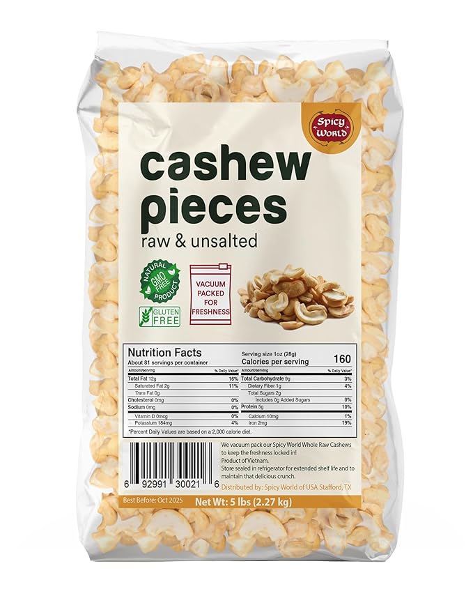Spicy World Raw Cashew Pieces 80oz (5 LBS) - Natural Bulk Raw &amp Unsalted Cashews for Cooking Baking &amp Topping Gluten Free Vegan Keto Paleo Non-GMO in Vacuum Packed Bag