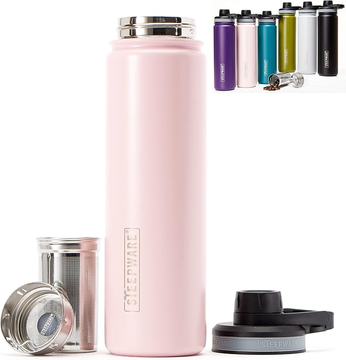 The Tea Spot Steepware Tea Tumbler and Thermos 22oz Tea Bottle with tea infuser for loose leaf tea or iced coffee Sleek Double Wall Tumbler &amp Insulated Travel Bottle - Rose