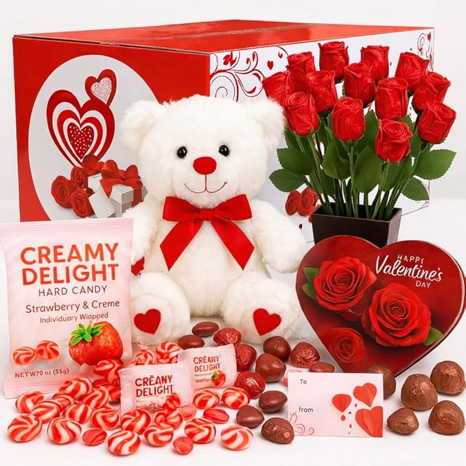 Valentines Day Gift Box with (Red or White) Beaer Belgian Chocolates Roses Strawberry Creamy Delight Hard Candy and Chocolate Assortment Romantic Gift for Her or Him