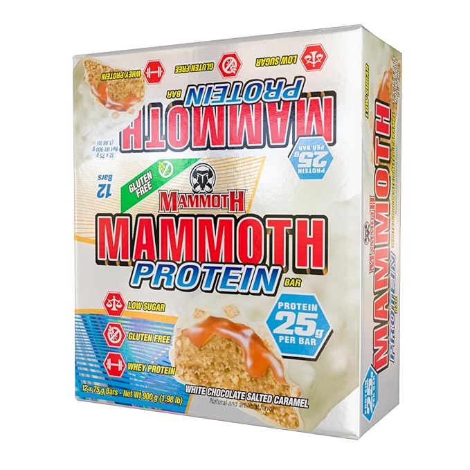 MAMMOTH Protein Bar 25g Protein Low Sugar Low Carb Gluten Free 12 x 65g (12 Count White Chocolate Salted Caramel)