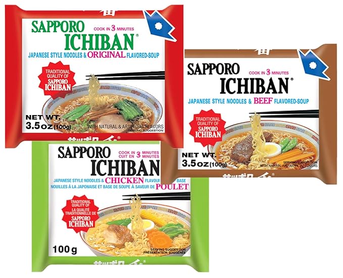 Sapporo Japanese Ramen Variety Pack 6 Traditional Authentic Flavors - Original Beef Chicken Tonkotsu Yakisoba Miso - 4 Pack Per Flavor Instant Ramen Noodle Sampler (24 Pack)