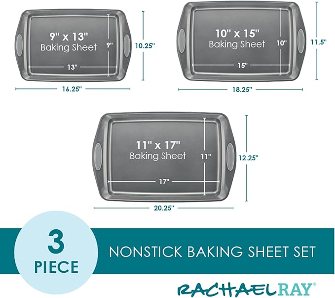 Rachael Ray Nonstick Bakeware Set with Grips Nonstick Cookie Sheets / Baking Sheets - 3 Piece Gray with Sea Salt Gray Grips