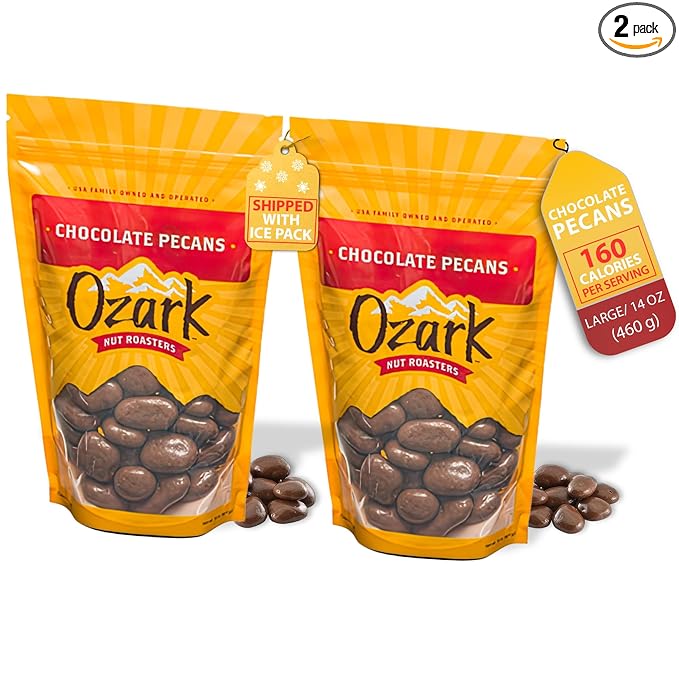 OZARK NUT ROASTERS Chocolate-Covered Pecans Chocolate Flavored Savory Snacks World-Class Gourmet Candied Nuts Resealable Pack of 2 (14 oz)