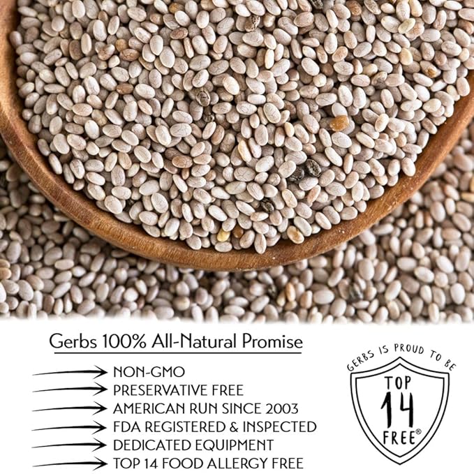 Gerbs Raw White Chia Seeds 4 lbs. | Small-Batch Packed in Resealable Bag No Artificial Additives | Mildly Nutty Flavor Ideal for Yogurt Oatmeal &amp Baking | Top 14 Allergen-Free