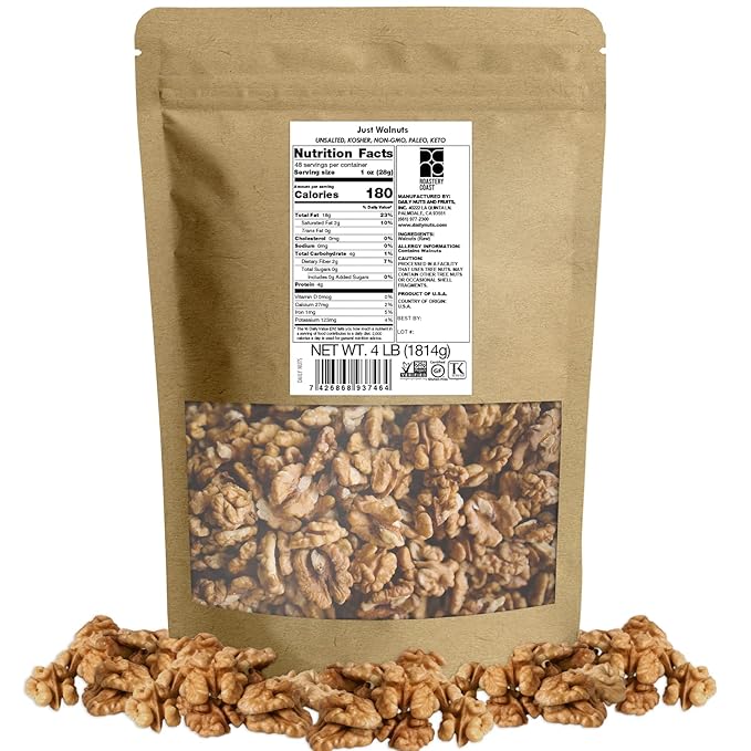 Roastery Coast Walnuts Bulk 4 LB No Shell Halves and Pieces Raw Steam Pasteurized Unsalted Non-GMO Gluten Free Kosher Just Walnuts