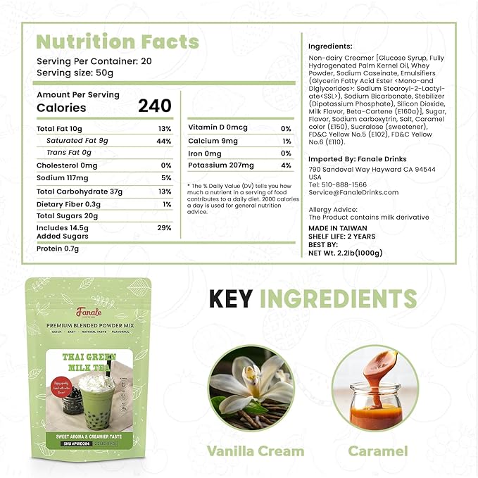 Fanale Premium Thai Green Bubble Tea Flavoring Powder for Boba Tea| Perfect for Baking Smoothies Desserts and Drinks | Instant Boba Bubble Tea Powder for Milk Tea - 2.2 Pounds (Pack of 20)