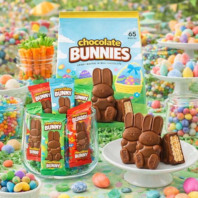 Bunnies Milk Chocolate Wafer Easter Candy 65 Individually Wrapped Bunny Snack Size Treat - Easter Egg Hunt Basket Filler Stuffer Party Favor