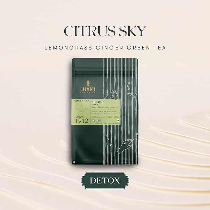 Luxmi Estates Citrus Sky Lemongrass Ginger Green Tea 200g Loose Leaf Pack | Certified Organic Darjeeling Green Tea | Citrus Flavor &amp Aroma | Natural Lemon Balm Tea - Calming Supports Digestion |