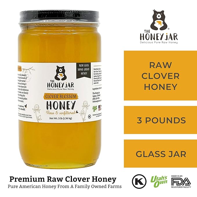 The Honey Jar Raw Clover Honey - Unfiltered and Unpasteurized - Pure Honey Sourced from Family-owned Farms in the USA - 2 x 3lb (48oz) Jars
