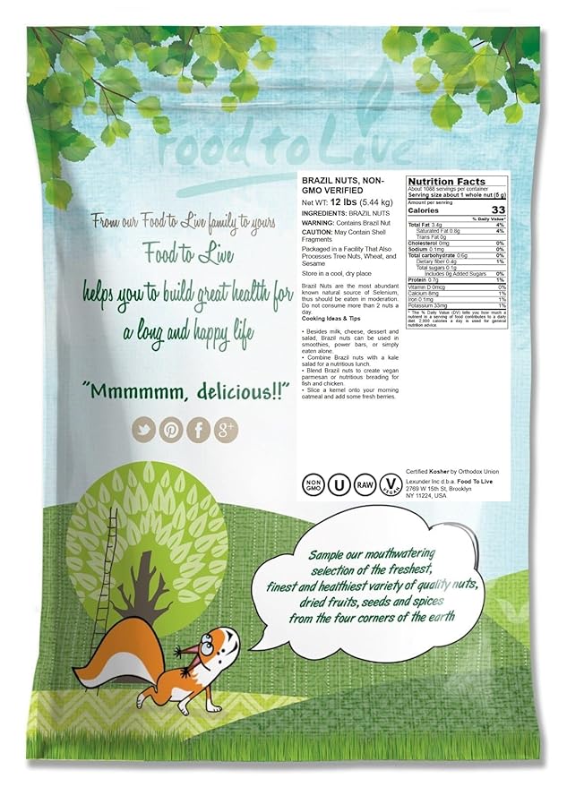 Food to Live - Raw Brazil Nuts 12 Pound Non-GMO Verified Raw Whole No ShellUnsaltedKosherVegan Keto and Paleo FriendlyGood Source of Selenium Low Sodium and Low Carb Food Great Trail Mix