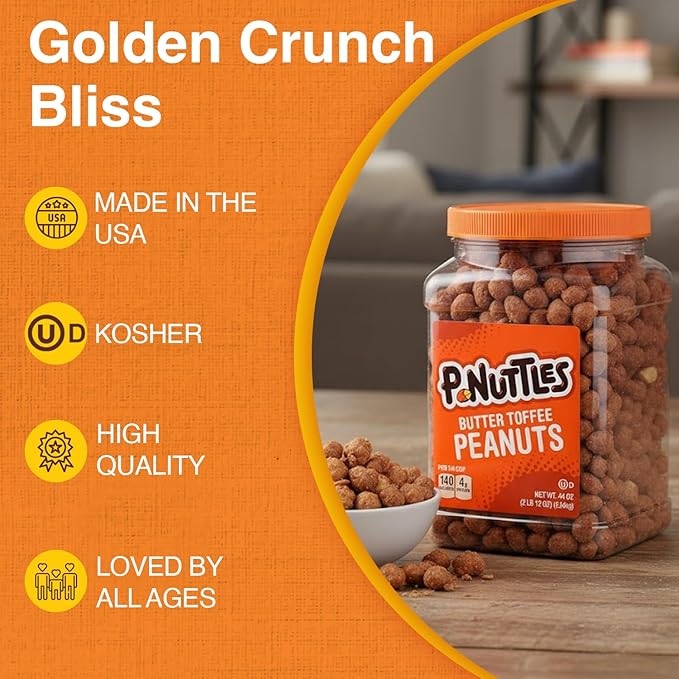 P-Nuttles Butter Toffee Covered Peanuts 44 Oz Resealable Jar (Pack of 2) - Sweet &amp Salty Candied Peanuts Snacks - Perfect for Parties Travel &amp Gatherings - Kosher Certified Crunchy Gourmet S