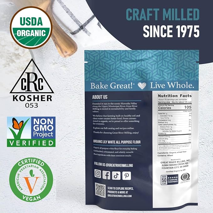 Great River Milling Lily White Organic All-Purpose Flour | Unbleached &amp Unbromated | Non-GMO Kosher | Ideal for Bread Cookies Cakes Pizza Dough &amp Everyday Baking | 5 Lb
