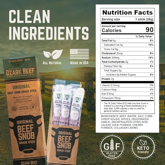 Beef Snob Snack Sticks - Original Flavor – High Protein Sugar-Free Keto &amp Gluten-Free Beef Jerky – 20 Count 1 oz Each – Healthy On-the-Go Meat Snack