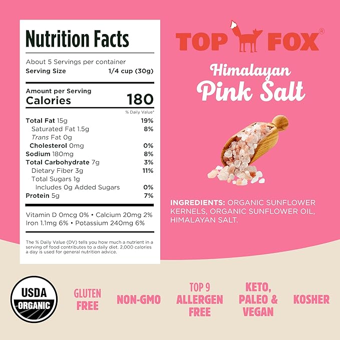 Top Fox Snacks Sunflower Seeds to Eat (Himalayan Pink Salt 5.5 oz – 6 Pack) - Gluten Free Snacks Protein Snacks Keto Friendly Snacks Allergen Free Snacks Paleo &amp Vegan - Organic Pop-Roasted