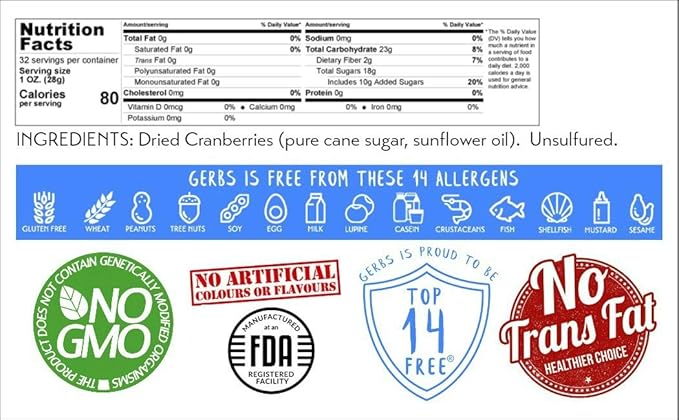 Gerbs Dried Sweetened Cranberries 2 lbs. | Unsulfured No Artificial Additives Resealable Bag | Naturally Tart &amp Juicy | Top 14 Allergen-Free