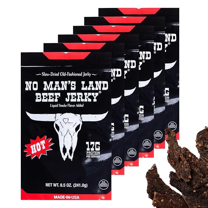 No Mans Land Beef Jerky | Authentic Beef Jerky | Slow-Dried | 17G Protein Per Serving - Mega Bundle - 6 Pack (6 Pack Hot)