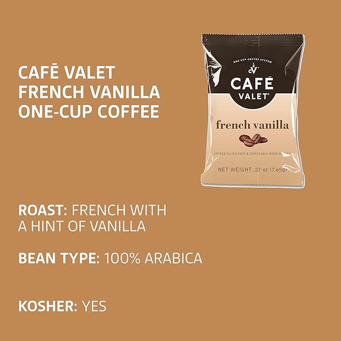 Cafe Valet Single Serve Individually Wrapped Coffee Packs Regular Dark Roast and French Vanilla 100% Arabica Coffee 168 Count