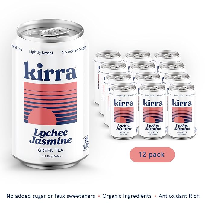 Kirra Organic Iced Tea 12 Pack - Lychee Jasmine Green Tea - Lightly Sweetened with Organic Juice - No Added Sugar or Artificial Sweeteners - Ice Tea Cans - Iced Green Tea with Lychee Tea Flavor