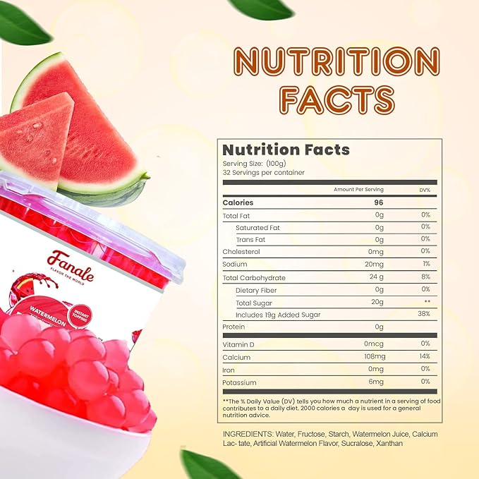 Fanale Watermelon Popping Boba Pearls Vegan Non GMO Gluten Free Fat Free Perfect for Bubble Tea Smoothies Ice Cream Desserts and Beverages.