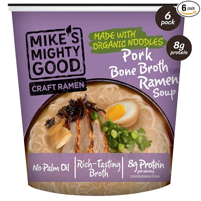 Mike’s Mighty Good Bone Broth Pork Ramen Cup (Pack of 6) – 8g Protein Instant Ramen Noodles – Organic Steamed Non-GMO - Canola Vegetable &amp Palm Oil-Free – Simple Ingredients Ridiculously Rich B