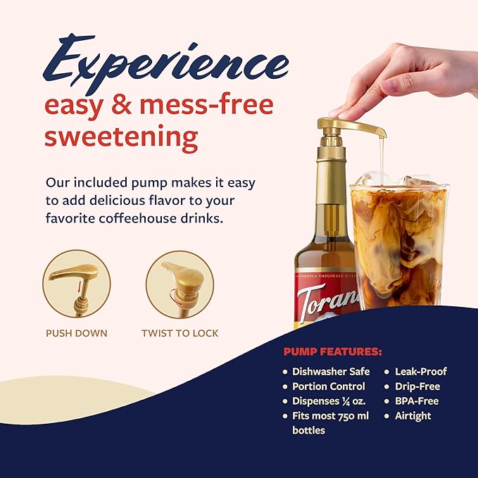 Torani Vanilla Bean Coffee Syrup for Drinks &amp Desserts Glass Bottle 4-Pack Pumps Included 25.4 Fl Oz Ea
