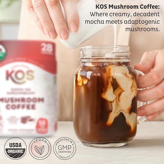 KOS Mushroom Coffee - USDA Certified Organic - Dark Chocolate Mocha Flavor - Mushroom Coffee Latte Powder with Reishi Cordyceps Lion's Mane Chaga &amp Turkey Tail Mushrooms