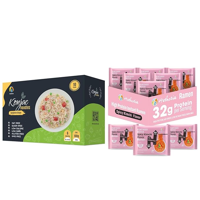 Hethstia Bundle – Shirataki Spaghetti &amp High-Protein Spicy Kimchi Ramen Low-Carb Konjac Pasta &amp 32g Plant-Based Protein Instant Noodle Soup Vegan Low Fat Healthy Quick Meals (16-Pack Total