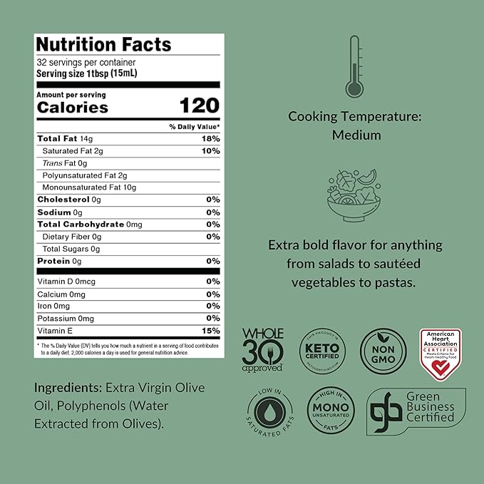 Fresh Press Farms Cold Pressed High Polyphenol Pure Gold Extra Virgin Olive Oil 16.4 Fl Oz (Pack of 2) Georgia Grown 100% American Made Unrefined Certified Whole30 Non-GMO Keto Paleo Gluten F