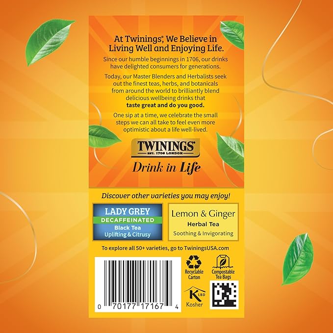 Twinings Decaffeinated Earl Grey Black Tea Individually Wrapped Bags 20 Count (Pack of 6) Flavoured with Citrus and Bergamot Enjoy Hot or Iced 120 Teabags