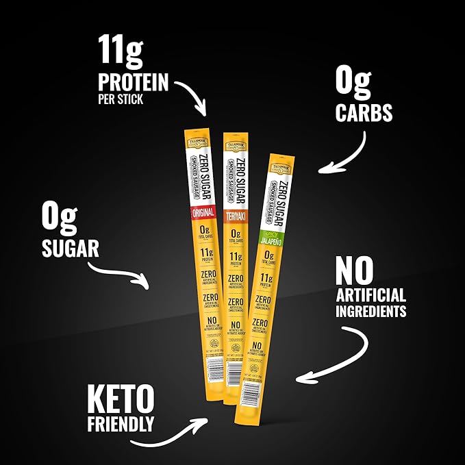 Tillamook Country Smoker Zero Sugar Beef &amp Pork Sticks Variety Pack (18 Count) - Original Spicy Jalapeno &amp Teriyaki Flavors Keto-Friendly Real Hardwood Slow-Smoked 11g Protein Per Serving