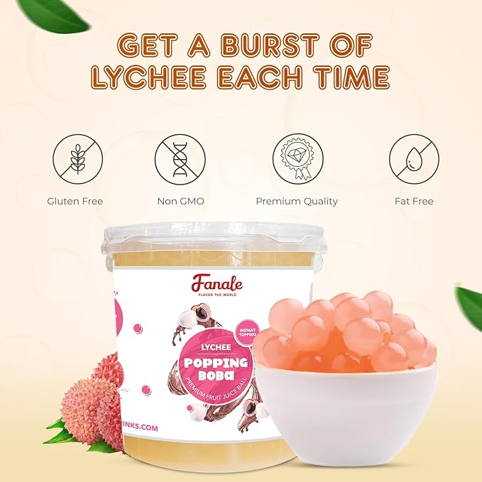Fanale Lychee Popping Boba Pearls Vegan Non GMO Gluten Free Fat Free Perfect for Bubble Tea Smoothies Ice Cream Desserts and Beverages.