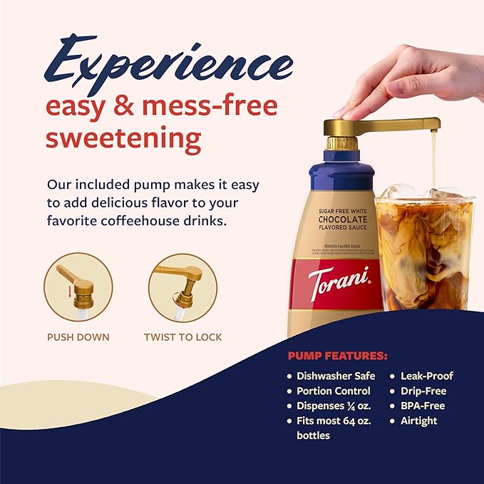 Torani Sugar Free White Chocolate Sauce for Crafting Coffeehouse Drinks Large Squeeze Bottle with Pump 64 Fl Oz