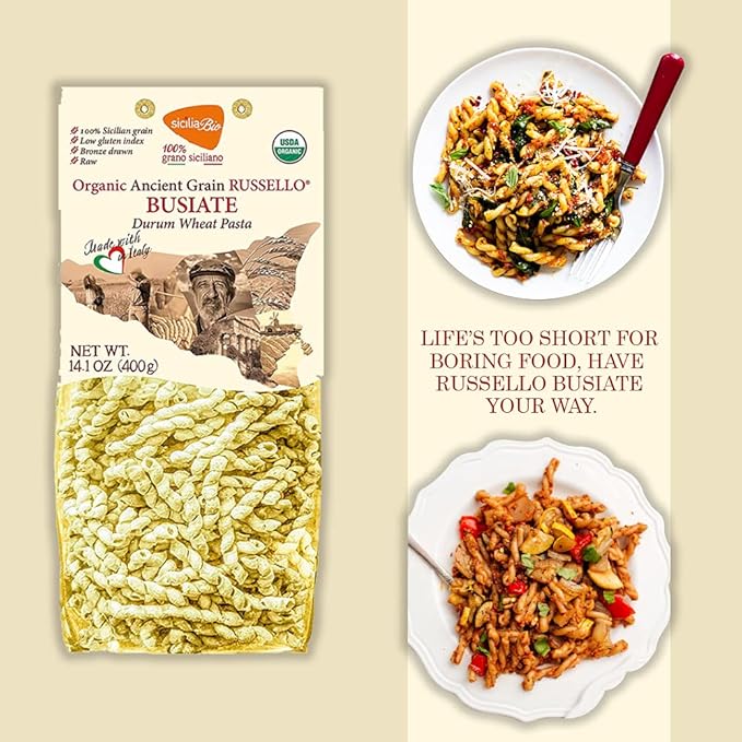 Terre e Tradizioni 6 PACKS ORGANIC ITALIAN SEMI WHOLE DURUM WHEAT BUSIATE PASTA – Sicilian Ancient Grain Vegan Crafted in Italy. LOW-GLUTEN INDEX. Has 6X More Fiber and Farm Fresh from Sicily Italy