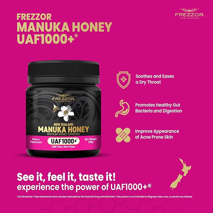 FREZZOR Premium 100% Raw New Zealand Manuka Honey with UAF1000+ Super Antioxidant 30% More Bioactive Best Support for Everyday Wellness Antioxidant Superfood 1 Jar (8.8oz/250g)